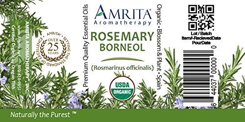 Amrita Aromatherapy Organic Rosemary Borneol Essential Oil, 100% Pure Undiluted Rosemarinus officinalis, Therapeutic Grade, Premium Quality Aromatherapy Oil, Tested & Verified, 60ML