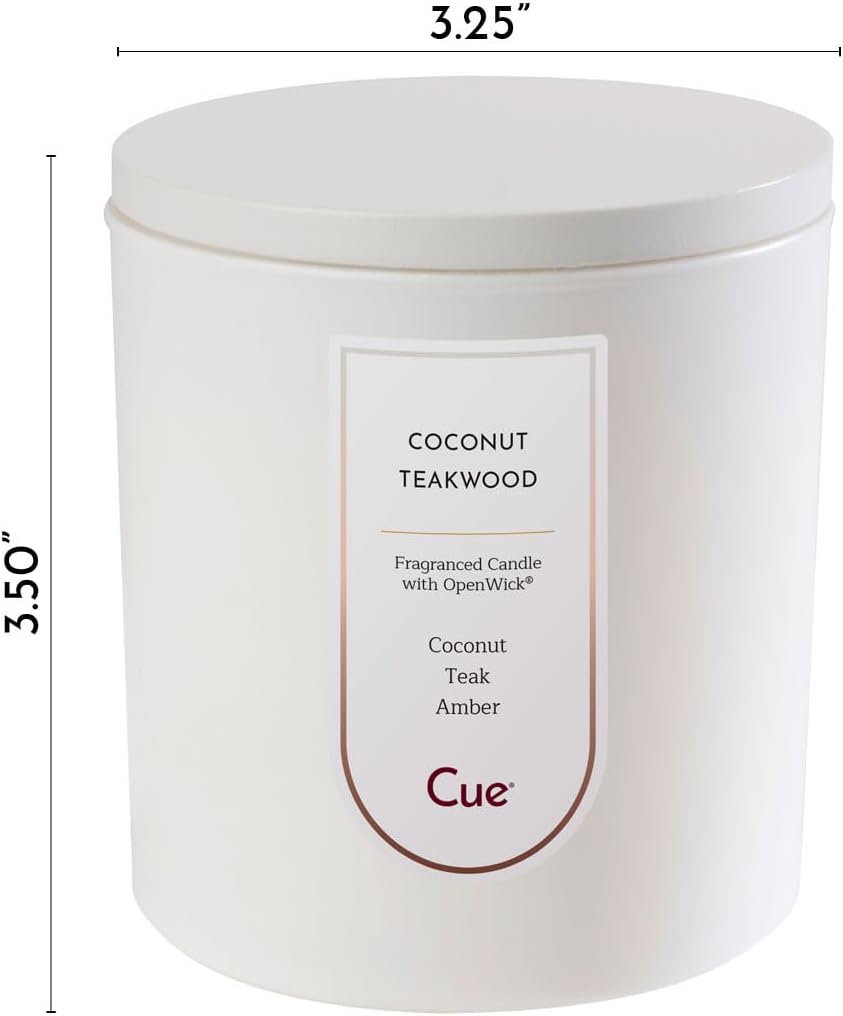 CUE Coconut Teakwood Scented Candle | Spring Summer Candle | Soy Coconut Wax Blend | Made in USA | 50 Hour Burn Time | 8.5oz White Color