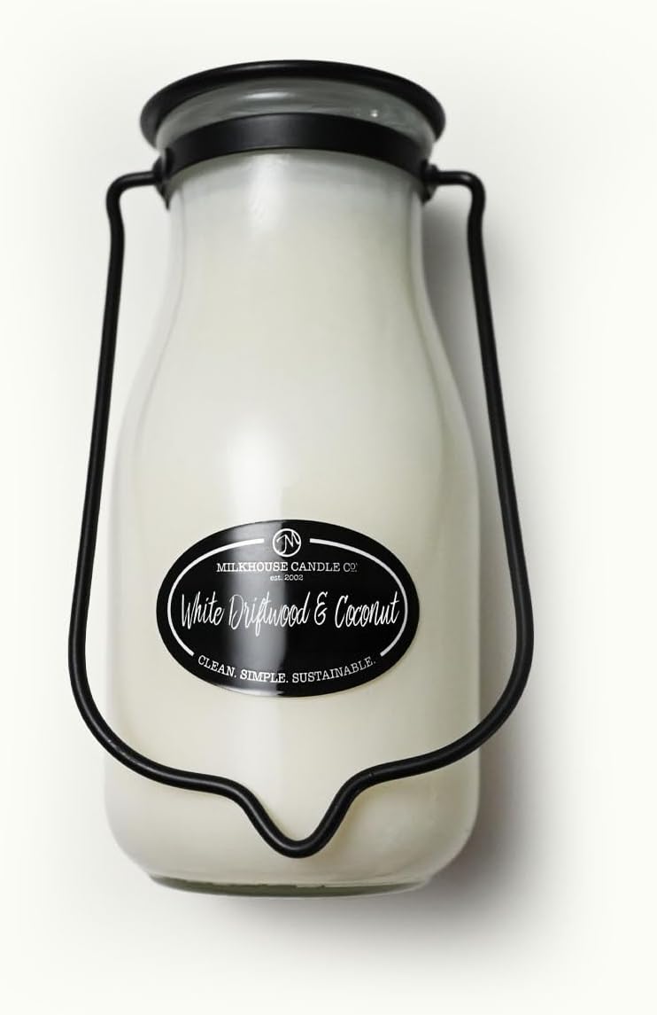 Milkhouse Candle Company White Driftwood & Coconut Soy Candle - Coconut Water | Mandarin Orange | Rosewater Scented - 14 oz Milkbottle with Lid, 90+ Hour Burn Time, Made in the USA