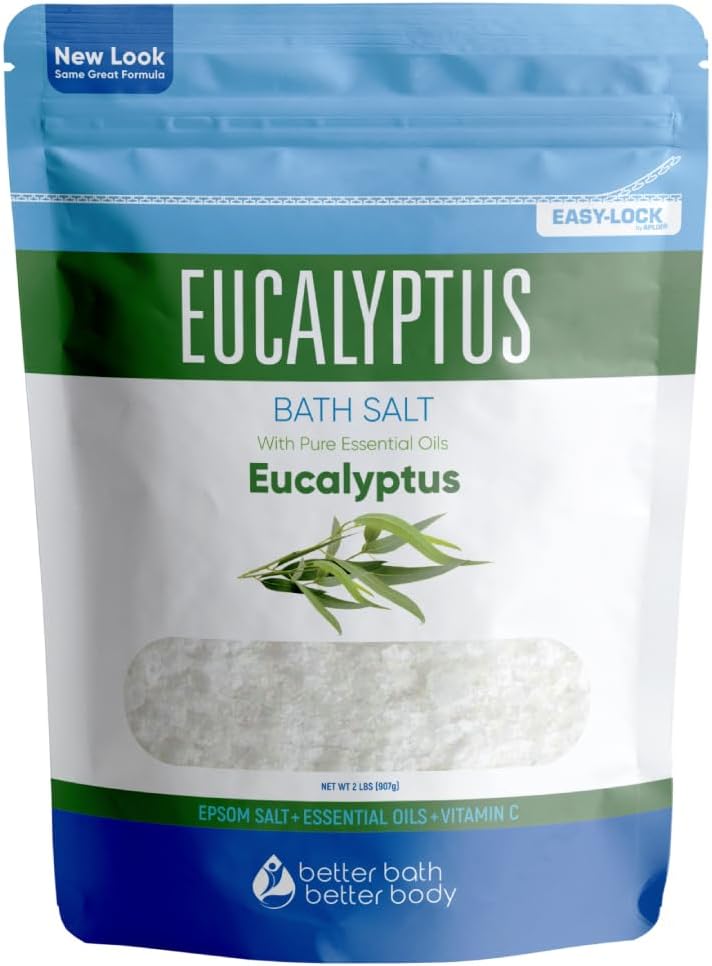 Eucalyptus Bath Salt 32 Ounces Epsom Salt with Natural Eucalyptus Essential Oil Plus Vitamin C in BPA Free Pouch with Easy Press-Lock Seal