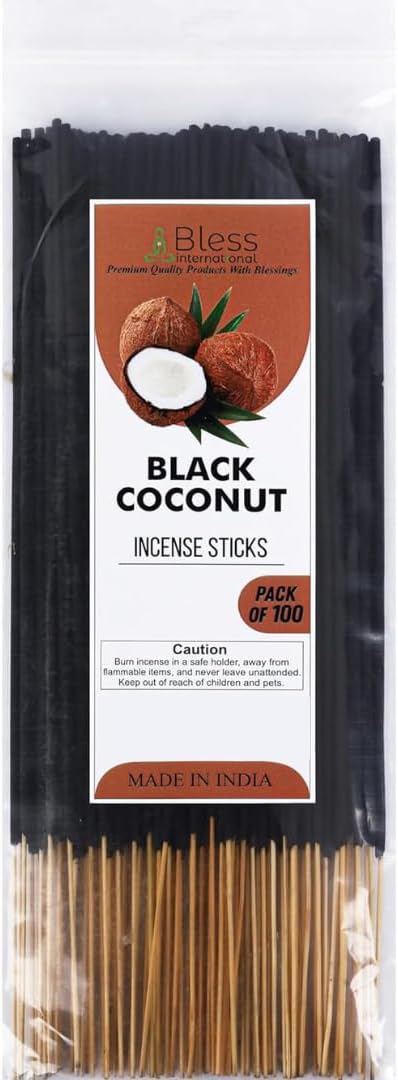 Bless-International-Black-Coconut 100%-Natural-Handmade-Incense-Sticks Organic-Chemicals-Free-for-Relaxation-Positivity-Yoga-Meditation 12-Inches-1-Hour-Plus-Burning-Time-100-Sticks-250-GM