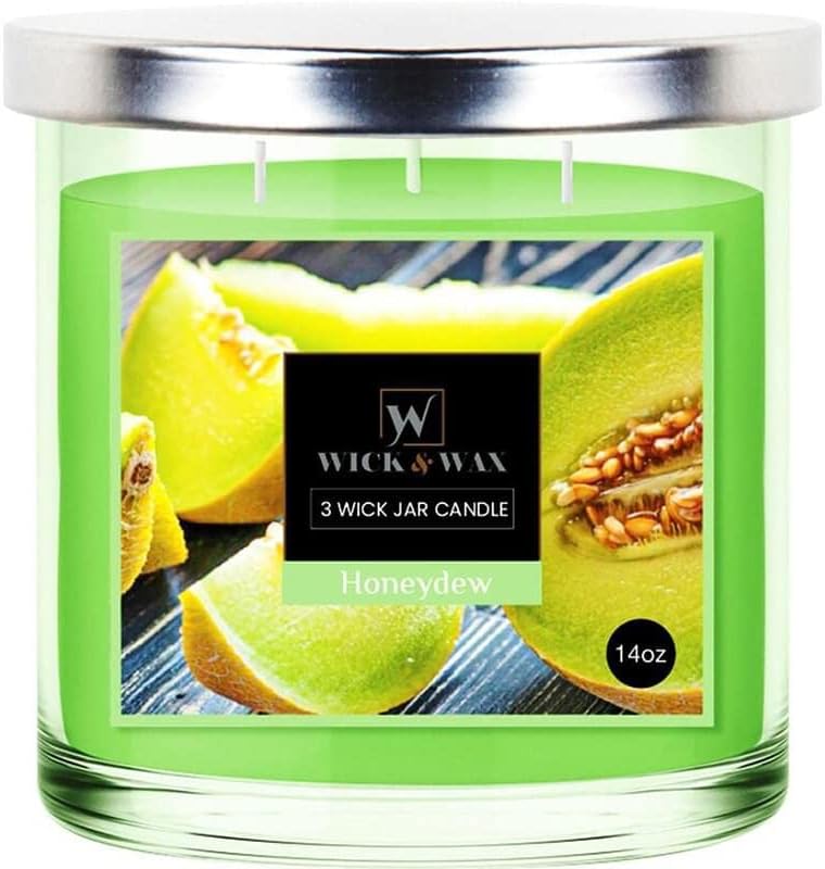 VeZee's 3 Wick 14 oz Honeydew Scented Jar Candles by Wick & Wax, Lift Your Spirits with The Refreshing, Pleasant Fragrance:1 Jar