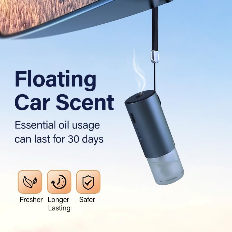 Car Essential Oil Diffuser -Blue Cologne Scent, USB Mini Aromatherapy Air Freshener with Vent Clip, Hanging Strap & 3M Pad, Portable Auto Diffuser for Car/Home/Office, Quiet & Waterless