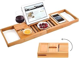 Creative Factory Luxury Bathtub Caddy Tray, Four Storage Rooms on the Board with Grey Fabric for Electronic Tablet Holder or a Book, Soap or Phone, Glass of Wine Slot (Natural Bamboo Wood Color)