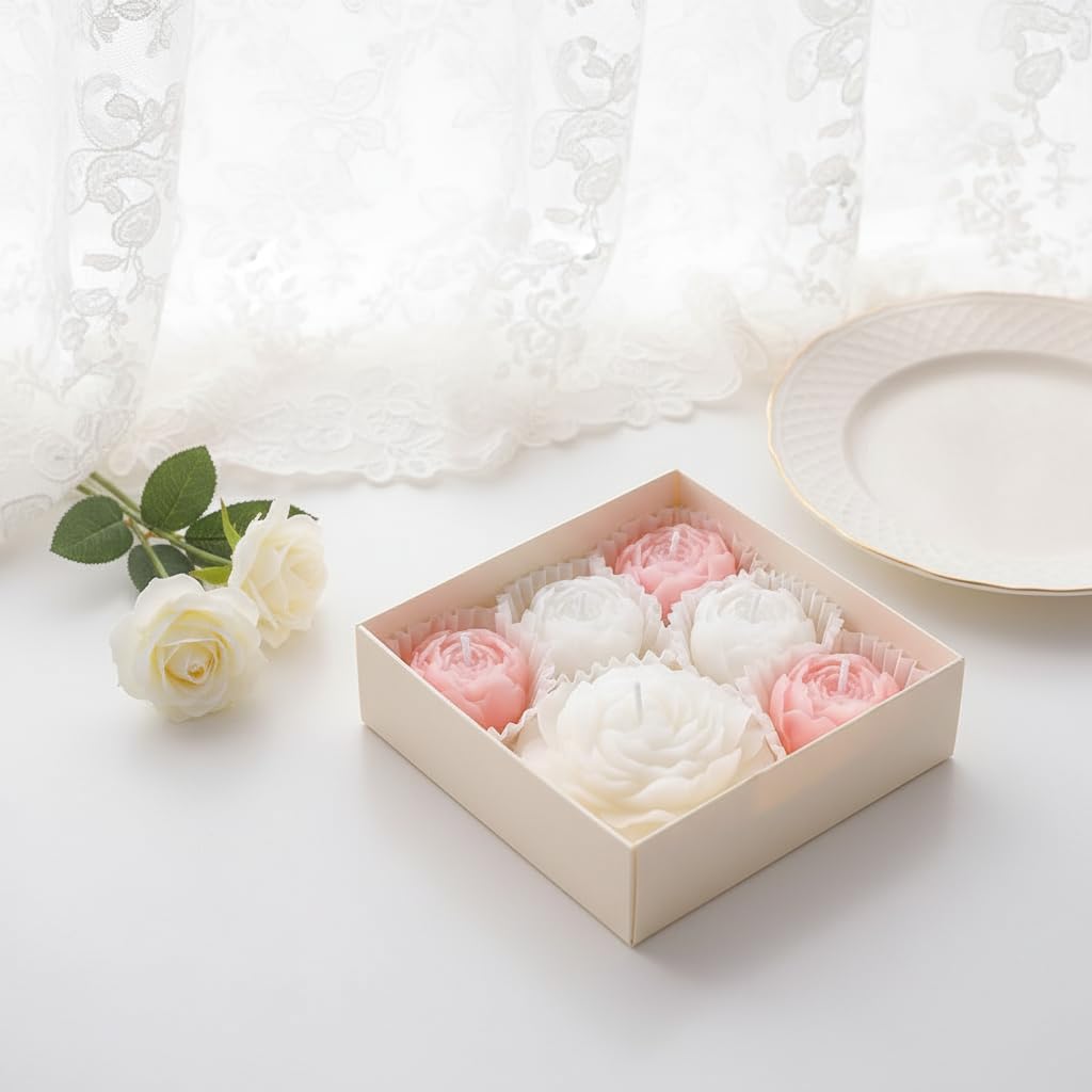 6-Pack Flower Candles Set, Rose Peony Shaped Scented Floral Candle Handmade Aromatherapy Gifts for Mother Wedding Home Decor (White & Pink)