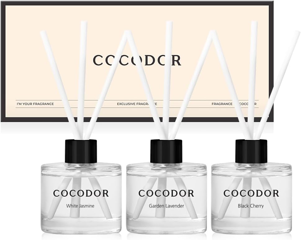 COCODOR Signature Collection Reed Diffuser Set of 3/White Jasmine,Garden Lavender,Black Cherry/1.6oz Each Pack/Home Fragrance Diffuser, Oil Scent Diffuser for Bathroom Shelf Decor
