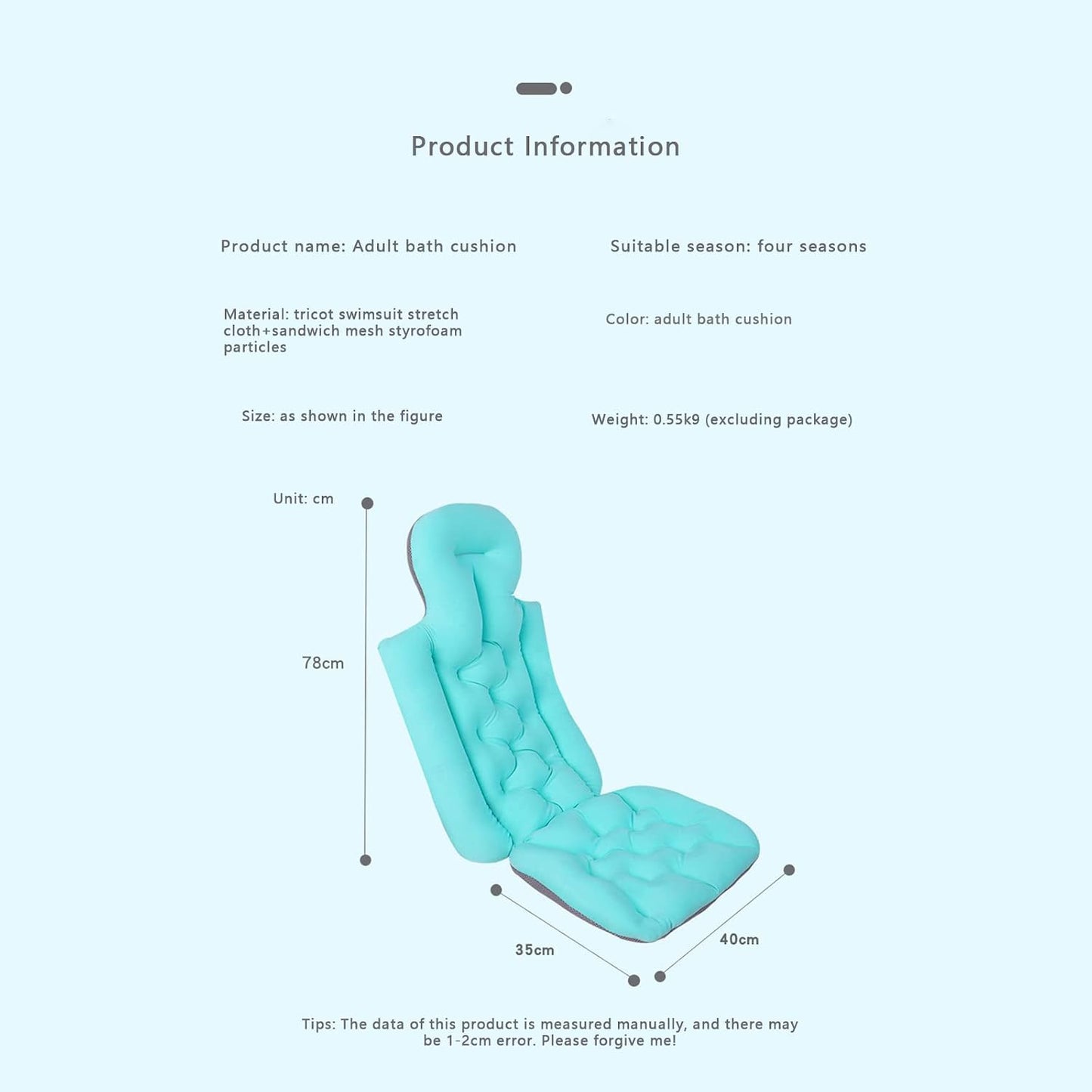 Full Body Bath Pillow, Bath Pillows for Tub, Tub Pillow for Bath Head and Neck Support Ergonomic Quick Dry Headrest Cushion Bath Accessories (Blue-93cm*40cm)