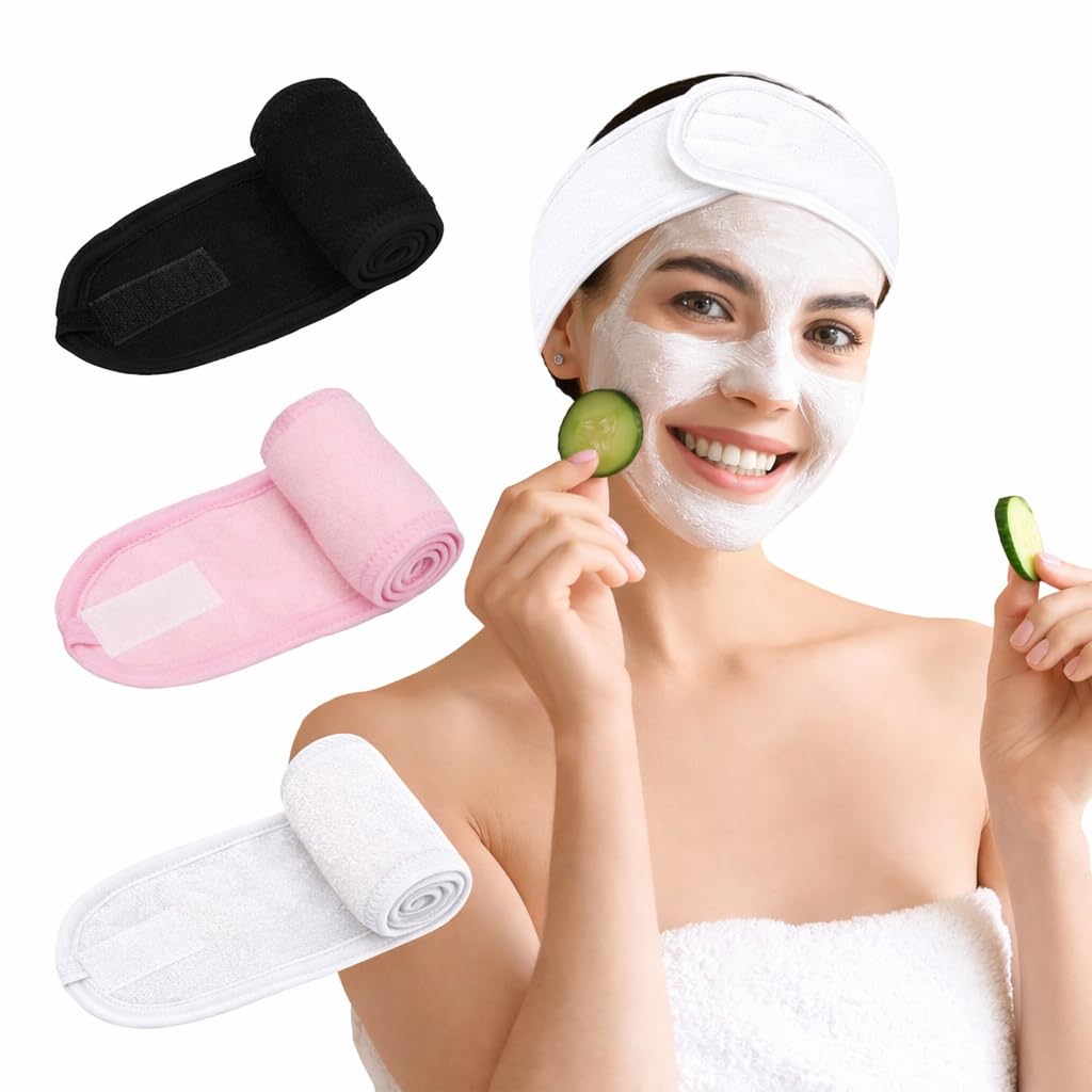 3Pcs Facial Spa Headband Set for Women – Adjustable, Non-Slip Terry Cloth Headband for Face Washing, Make-up Application and Showering – Soft and Stretchable Hair Wrap