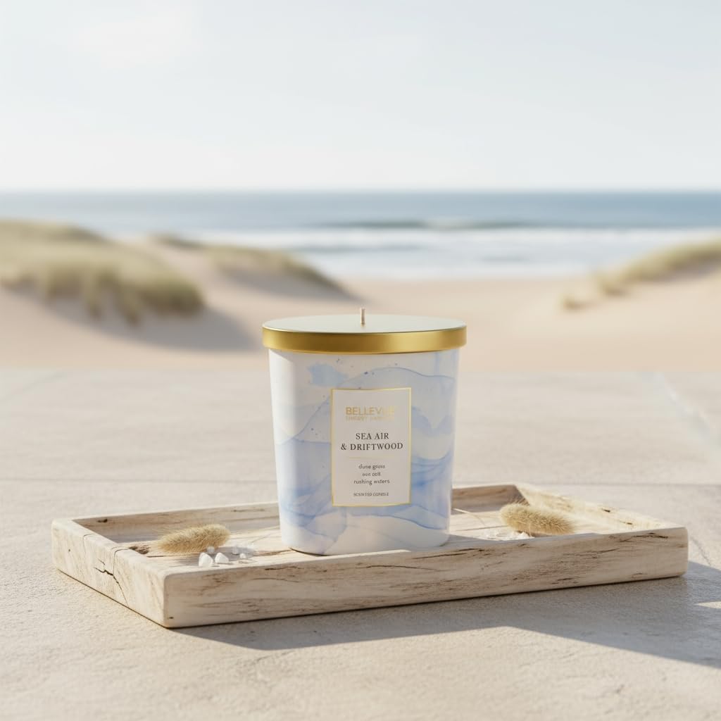 Bellevue Luxury Fragranced Candle, 12 OZ, Soy Blend Wax,Essential Oils, Long-Lasting Burn, Home Fragrances, Aromatherapy Home Scented Candles Scent: Sea Air & Driftwood