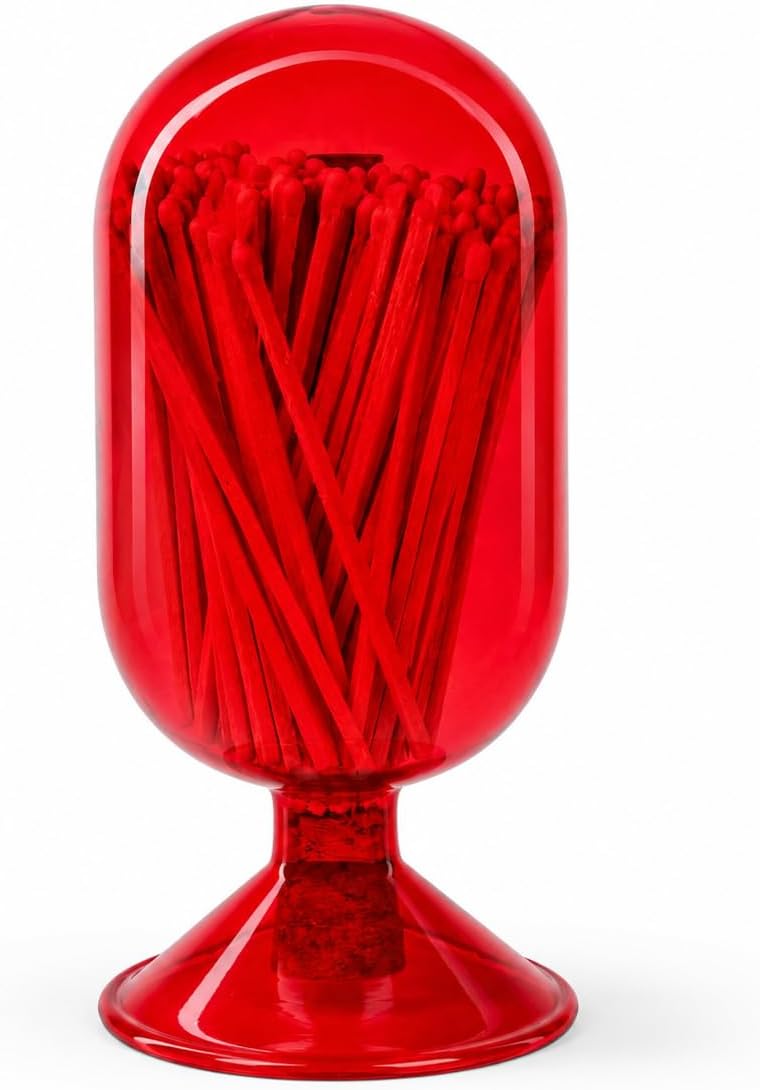 Premium Glass Match Cloche - Matches in a Jar with Striker. Matchstick Holder for Long Matches for Candles. Includes Match Striker and White Matches.