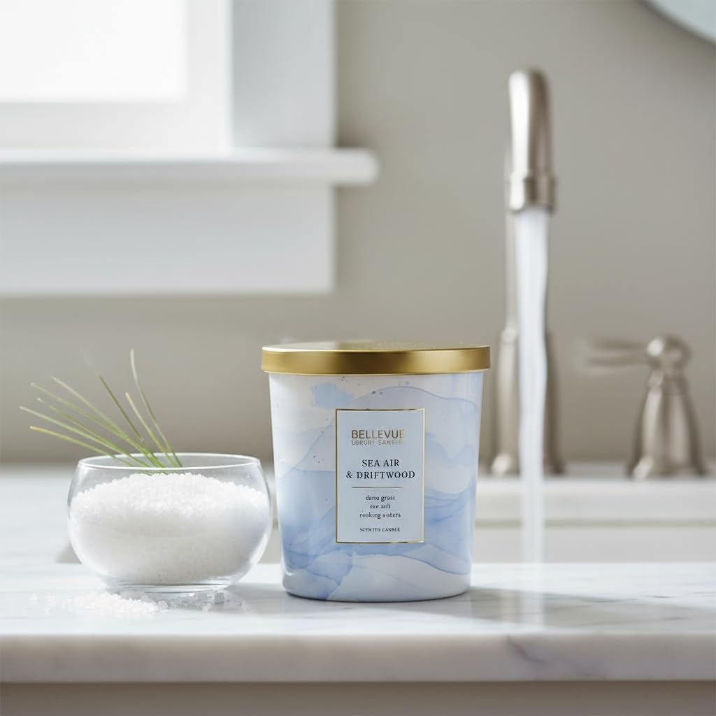 Bellevue Luxury Fragranced Candle, 12 OZ, Soy Blend Wax,Essential Oils, Long-Lasting Burn, Home Fragrances, Aromatherapy Home Scented Candles Scent: Sea Air & Driftwood
