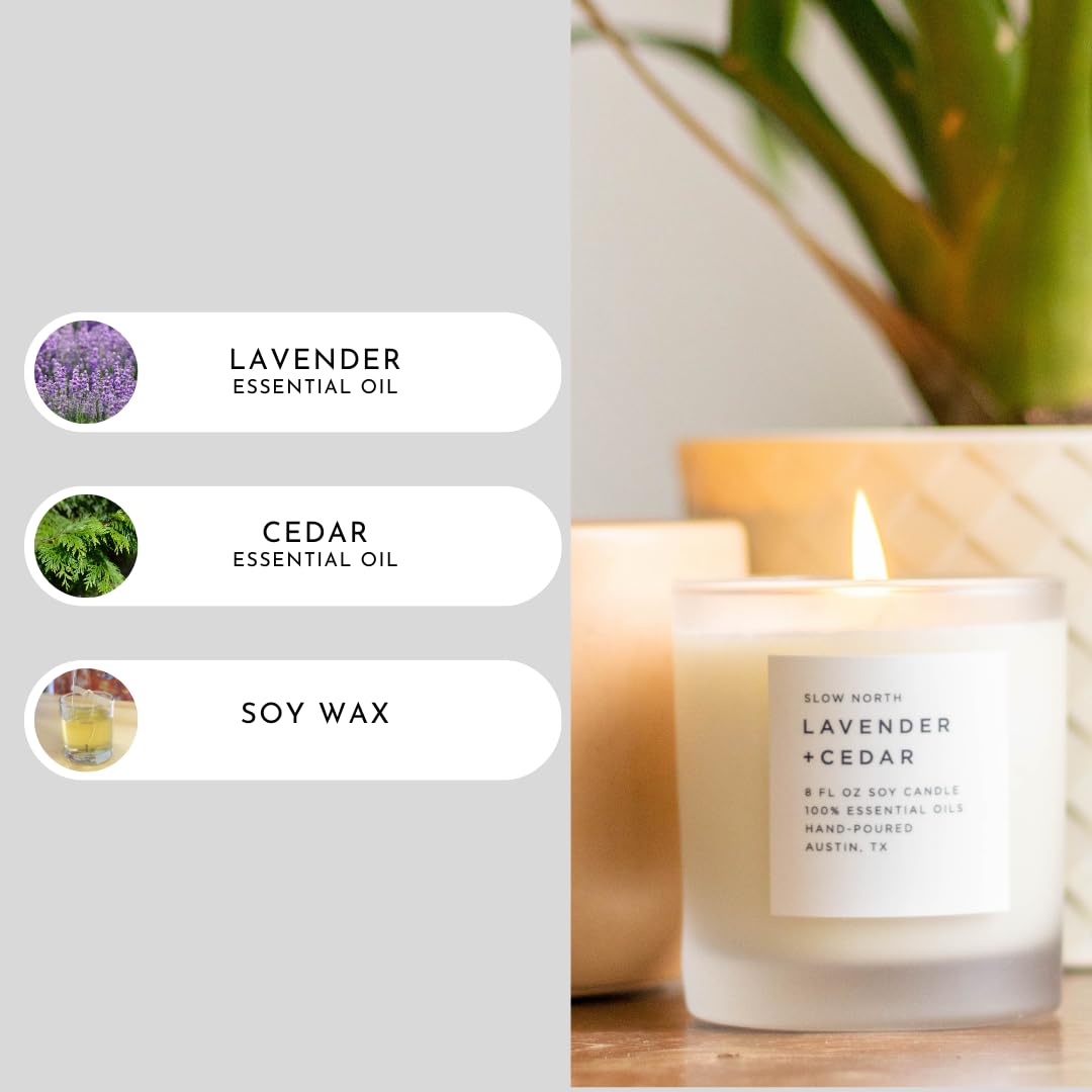 Slow North Lavender + Cedar Candle - Essential Oils and Pure Soy Wax Candle in a Reusable Frosted Glass Jar - A Unique Scented Candle Hand-Poured in the USA (8 oz)
