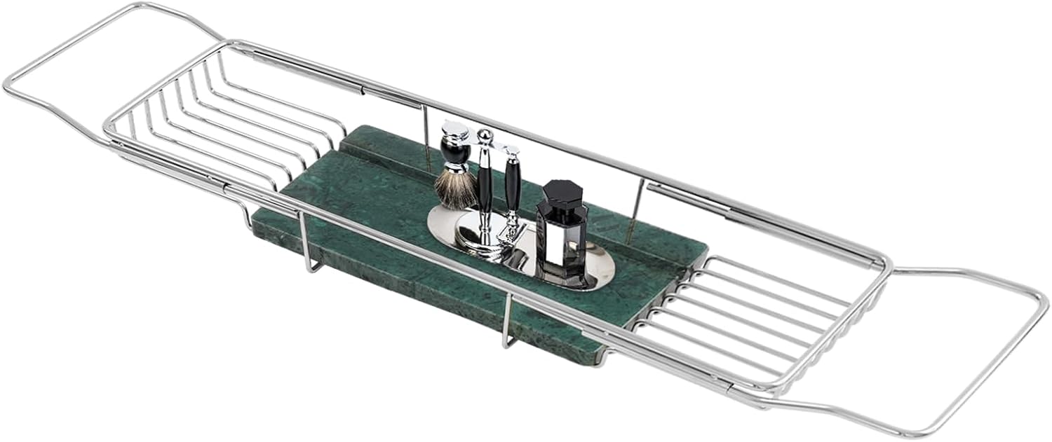 Expandable Bathtub Tray Caddy, Stainless Steel Bath Table Tray Adjustable & Rustproof Bath Caddy Bath Organizer Tub Shelf with Marble Board for Spa, Relaxation, Bath Bombs (Silver + Green)