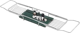 Expandable Stainless Steel Bathtub Caddy Tray, Adjustable Over Tub Rack Marble Board Anti-Slip Groove Raised Guardrail Modern Bath Organizer for Home Hotel Bathroom Use (Silver + Green)