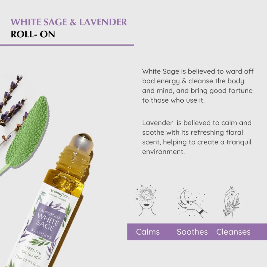 White Sage & Lavender Essential Oil Roll-On Blend by Aromafume | 10ml/0.33 fl oz | Aromatherapy Oil for Cleansing Negative Energy & Protection | Ethically sourced | Sage Oil for Smokeless Smudging