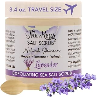 The Keys Salt Scrub - Lavender Sea Salt Scrub - Exfoliating Body Scrub with Wooden Spoon - Moisturizing Exfoliator for Face, Hands, Foot, Bath, Manicure & Pedicure, and Bikini Area Skin Care (3.4 oz.)