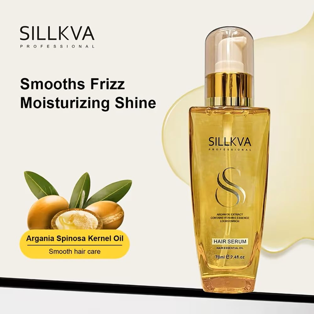 SILLKVA PROFESSIONAL Argan Oil Hair Serum 2.4oz for All Hair Types with Vitamin Essence Smooths Frizz Moisturizes & Enhances Shine - Best Gift