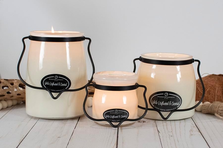 Milkhouse Candle Company White Driftwood & Coconut Soy Candle - Coconut Water | Mandarin Orange | Rosewater Scented - 16 oz Butter Jar with Lid, 65+ Hour Burn Time, Made in the USA