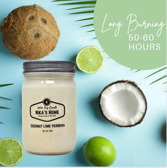 Coconut Lime Verbena Soy Candle - 12oz Mason Jar - Non-Toxic Soy Candle-Hand Poured Candle- Handmade, Long Burning Candle-Highly Scented Candle-All Natural, Clean Burning Candle