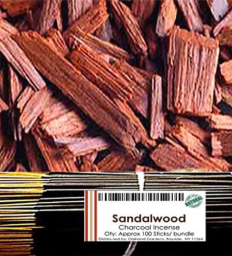 Sandalwood, Frankincense, Egyptian Musk, Mango Butter, Nag Champa, Rain - Premium Choice Natural Incense by Oakland Gardens (100 x Sandalwood Incense)