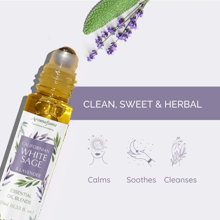White Sage & Lavender Essential Oil Roll-On Blend by Aromafume | 10ml/0.33 fl oz | Aromatherapy Oil for Cleansing Negative Energy & Protection | Ethically sourced | Sage Oil for Smokeless Smudging