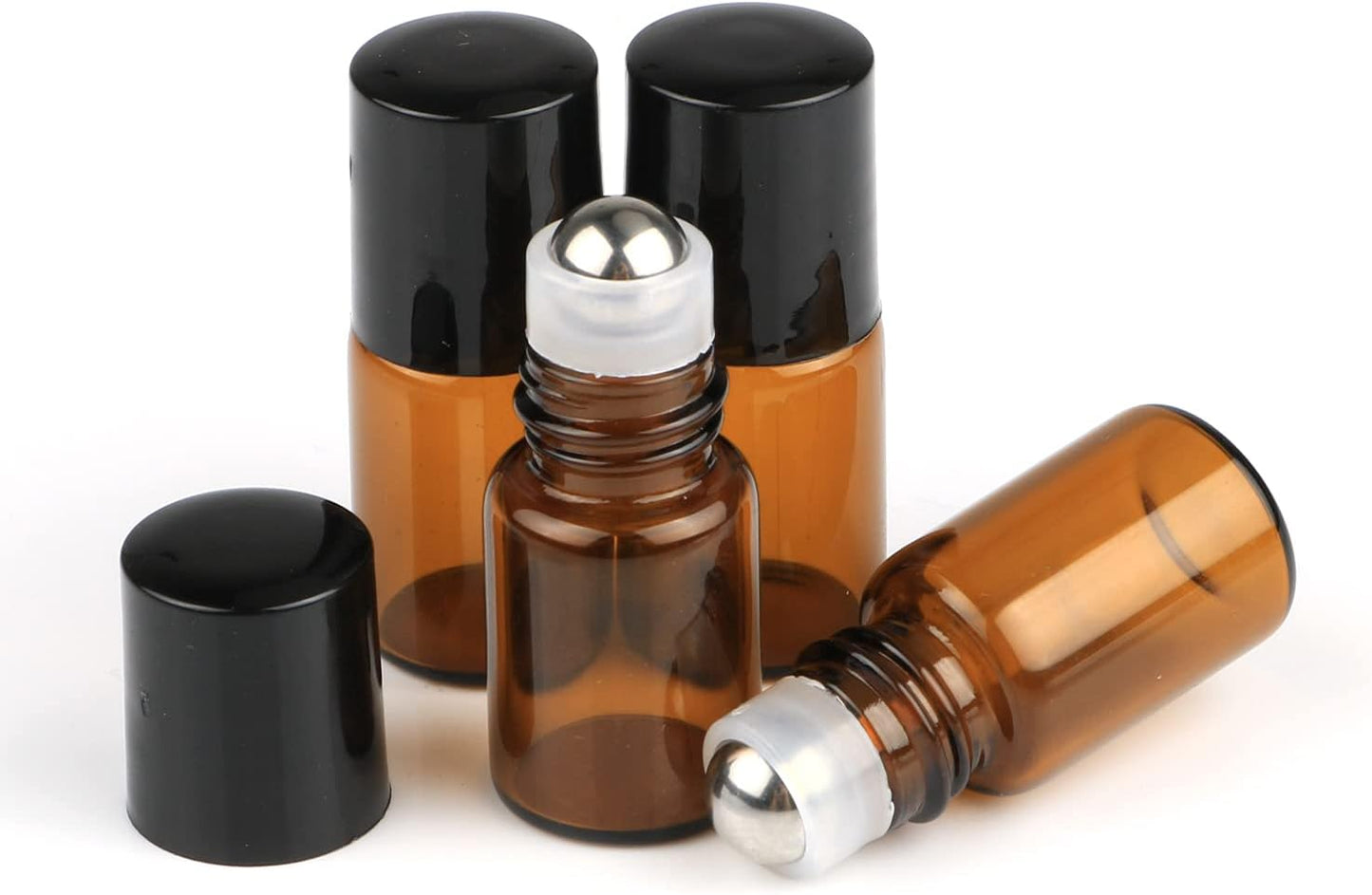 Wresty 25 Pcs Essential Oil Glass Roller Bottles Mini Tiny Refillable Empty Aromatherapy Perfume Liquid Amber Glass Roll On Bottles Vials Metal Rollerball Bottles Jar (2ml)