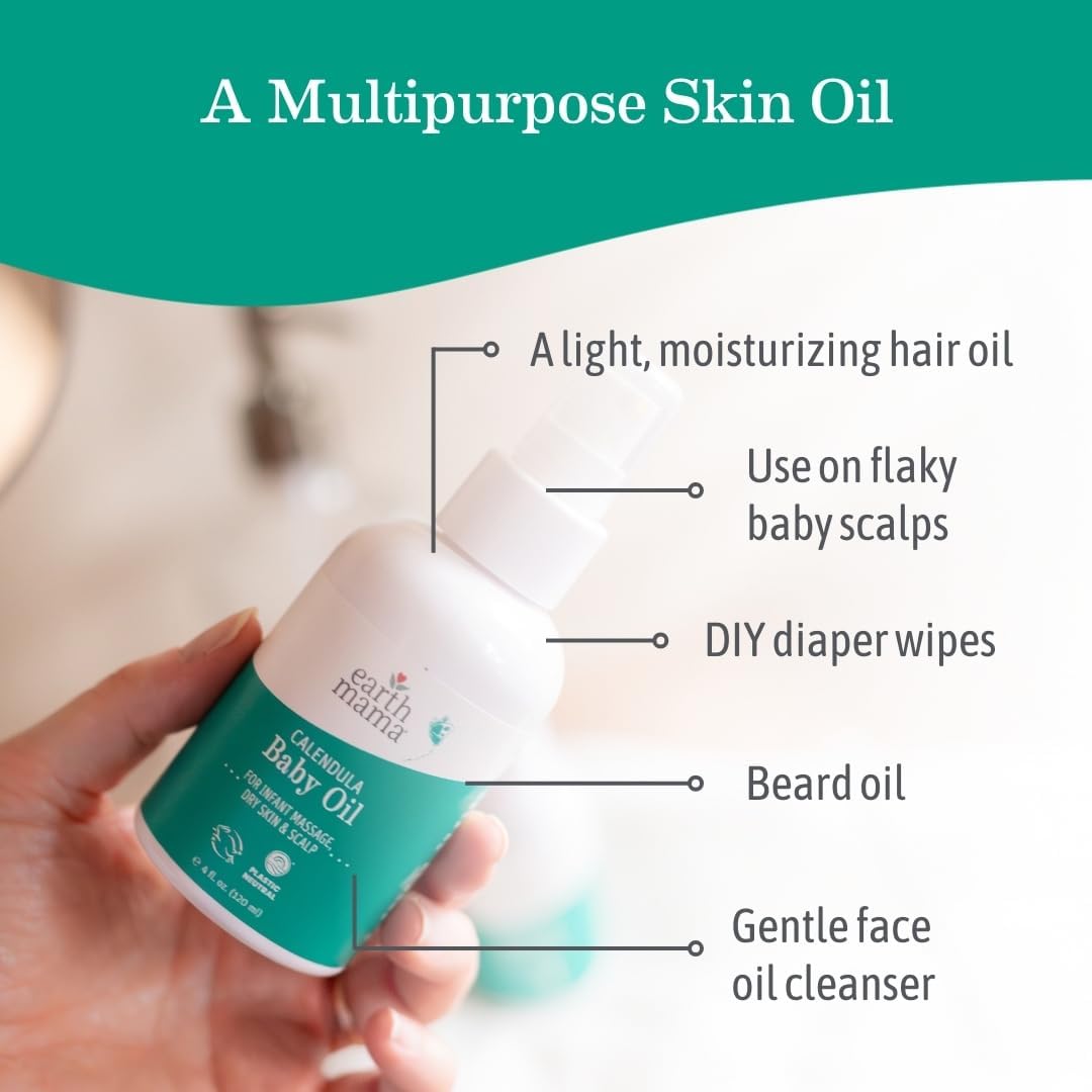 Earth Mama Calendula Baby Oil - Body and Massage Oil for Newborns and Infants - 4 fl oz - Fragrance-Free - Dry Skin & Scalp Moisturizer