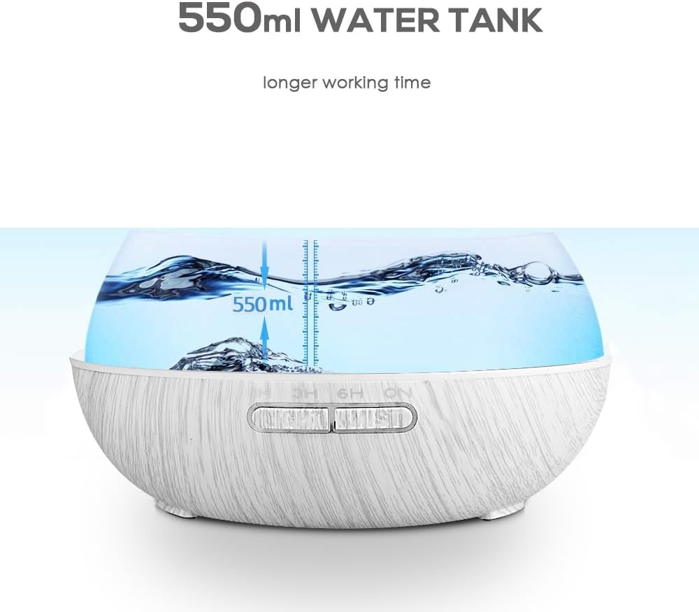 550ml Large Capacity Essential Oil Diffuser 6 Essentil Oil Set Aromatherapy Ultrasonic Air Humidifier with Timer and 7 Color LED Night Light Remote Control Waterless Auto-Off White Wood Grain