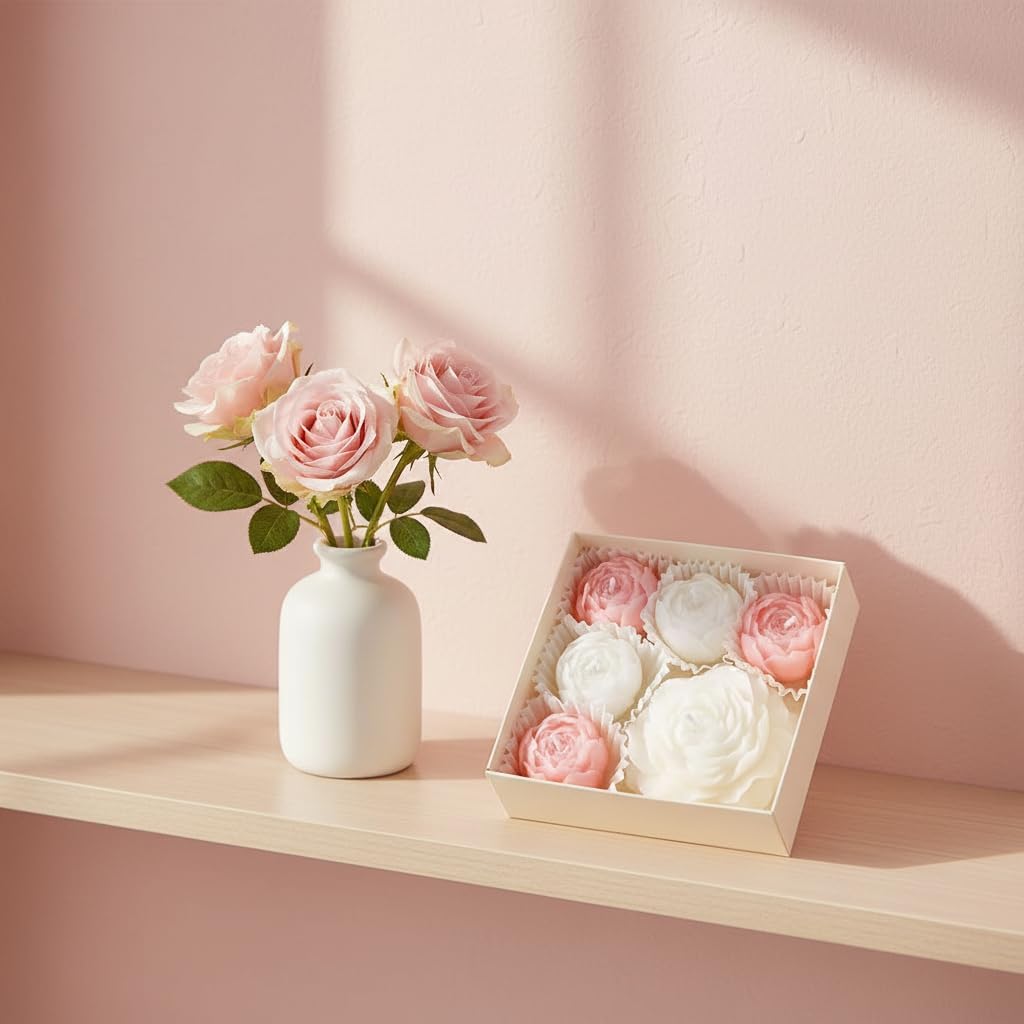 6-Pack Flower Candles Set, Rose Peony Shaped Scented Floral Candle Handmade Aromatherapy Gifts for Mother Wedding Home Decor (White & Pink)