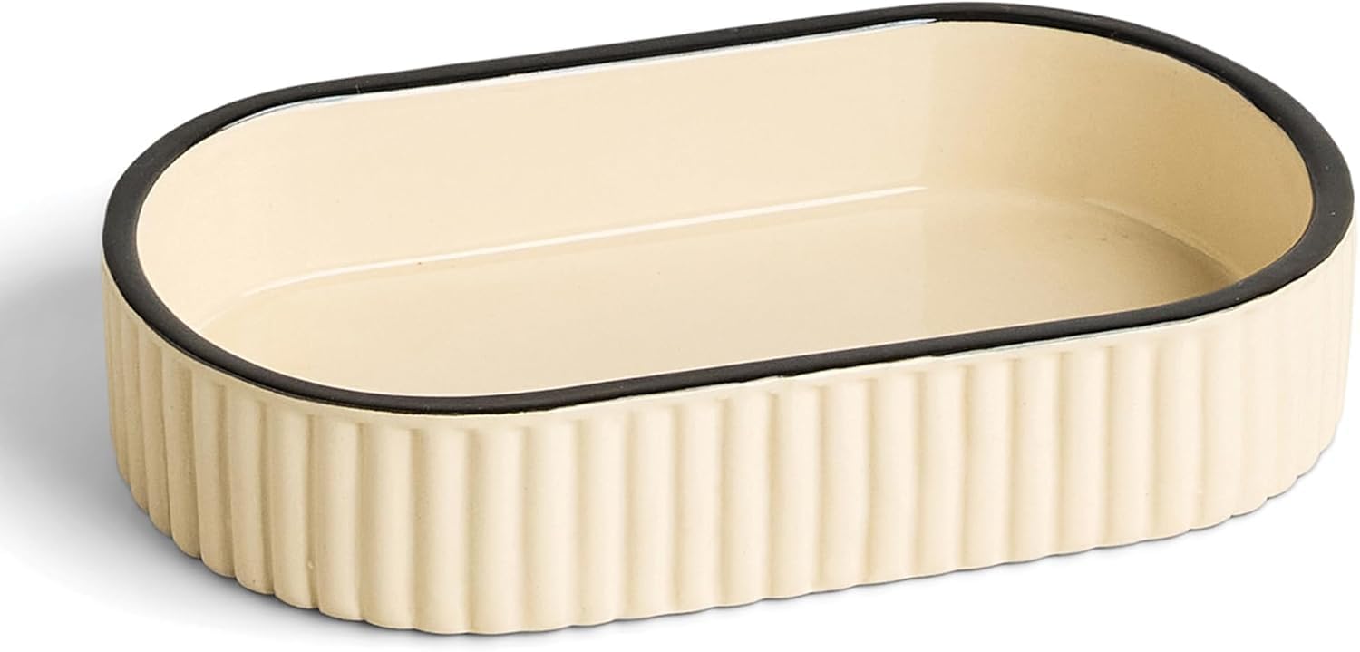 Preston Lane Signature Ceramic Tray – Handmade in Portugal with Fluted Edges & Hand-Painted Trim – Decorative Organizer or Home Accent, Medium, Alabaster 7 x 4.3 x 1.3