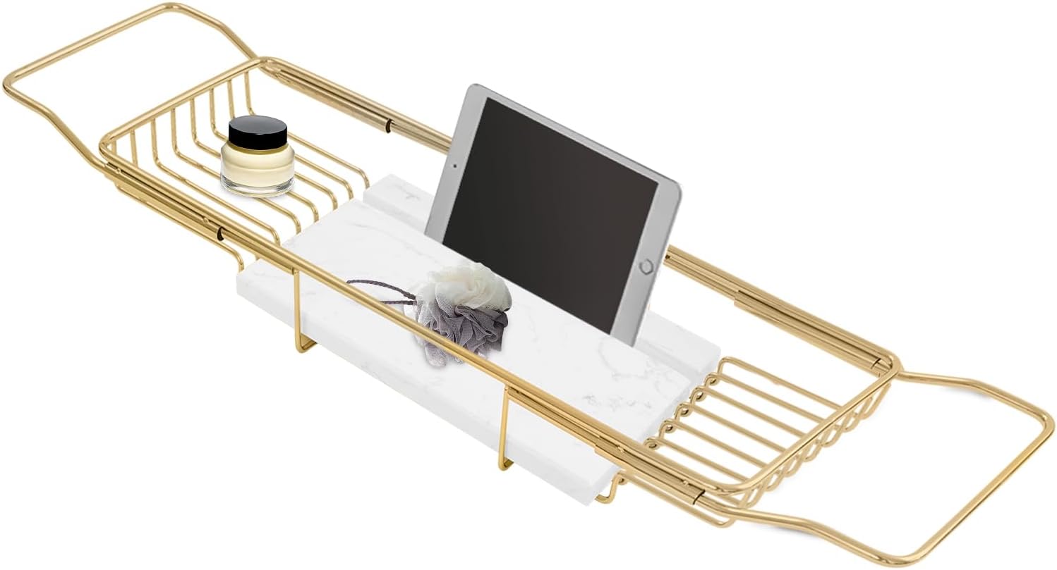 Bath Tray for Tub, Metal Bathtub Marble Tray Stainless Steel Bathtub Caddy Trays for Luxury Bath, 26.8-35.4in Adjustable Bathroom Tub Trays W/Marble Board Groove