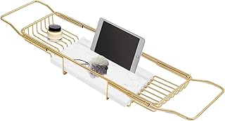 Expandable Bathtub Tray – 26.77" to 35.43" Adjustable Bathtub Caddy with Natural Marble Board, Raised Guardrails, Tablet/Phone Stand – Home Spa Accessory for Bath, Holds 44 lbs (Gold + White)