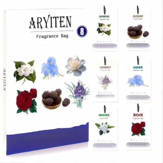 Aryiten 6-in-1 Natural Scented Sachets - 8 Pack Mixed Fragrance Collection with Rose, Lavender, Cedar, Linen, Jasmine & Gardenia for Home, Closet, Drawer | Long Lasting Air Freshener & Deodorizer