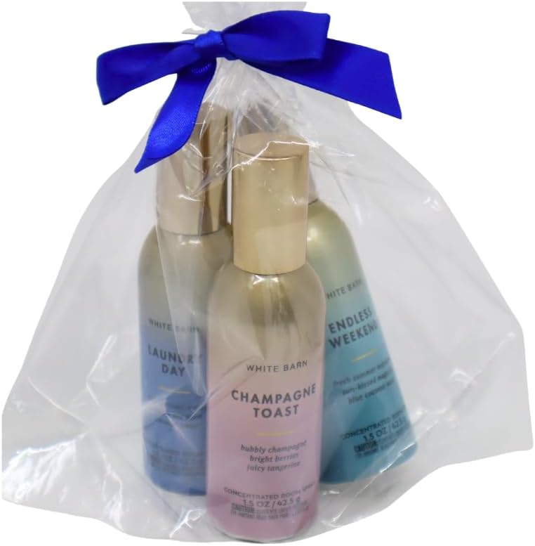 Bath & Body Works LAUNDRY DAY, CHAMPAGNE TOAST, ENDLESS WEEKEND Concentrated Room Spray 3pc bundle Gift Set with a Blue Bow for Holiday 1.5 oz each