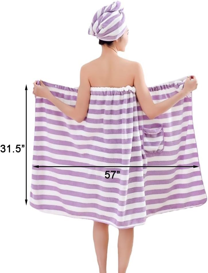 Towel Wrap for Women with Hair Towel, Adjustable Plush Absorbent Shower Spa Bath Wrap + Hair Drying Towel Sets (Purple/White, Medium)