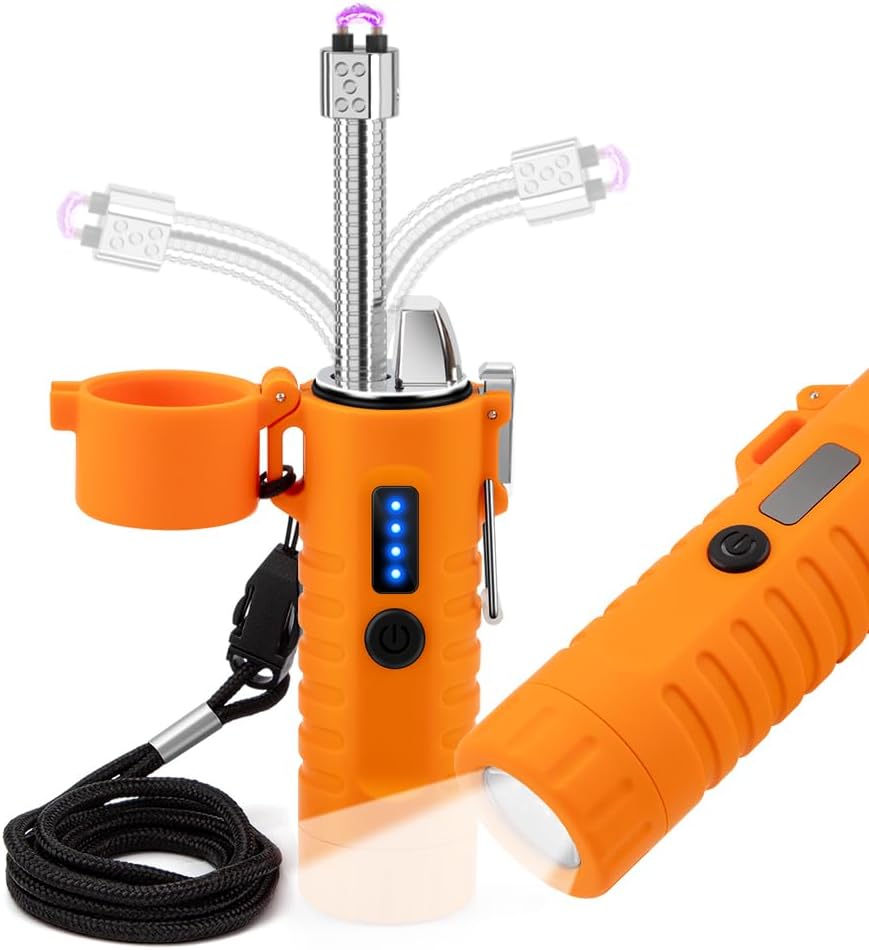 LcFun Electric Lighters Rechargeable Lighters Flexible Neck Dual Arc Electronic Lighter USB C Lighter with LED Battery Indicator and Flashlight for Candle, Camping, Hiking, Outdoor Adventure