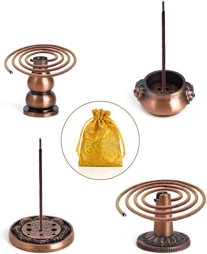 Sakura Flower Incense Holder, 5Pcs Red Bronze Incense Burner Holder with Silk Pouch, Bowl-Shape, Lotus Multi-Holes, Cone Shape and Gourd-Shape for Yoga Living Room Bedroom Home Fragrance