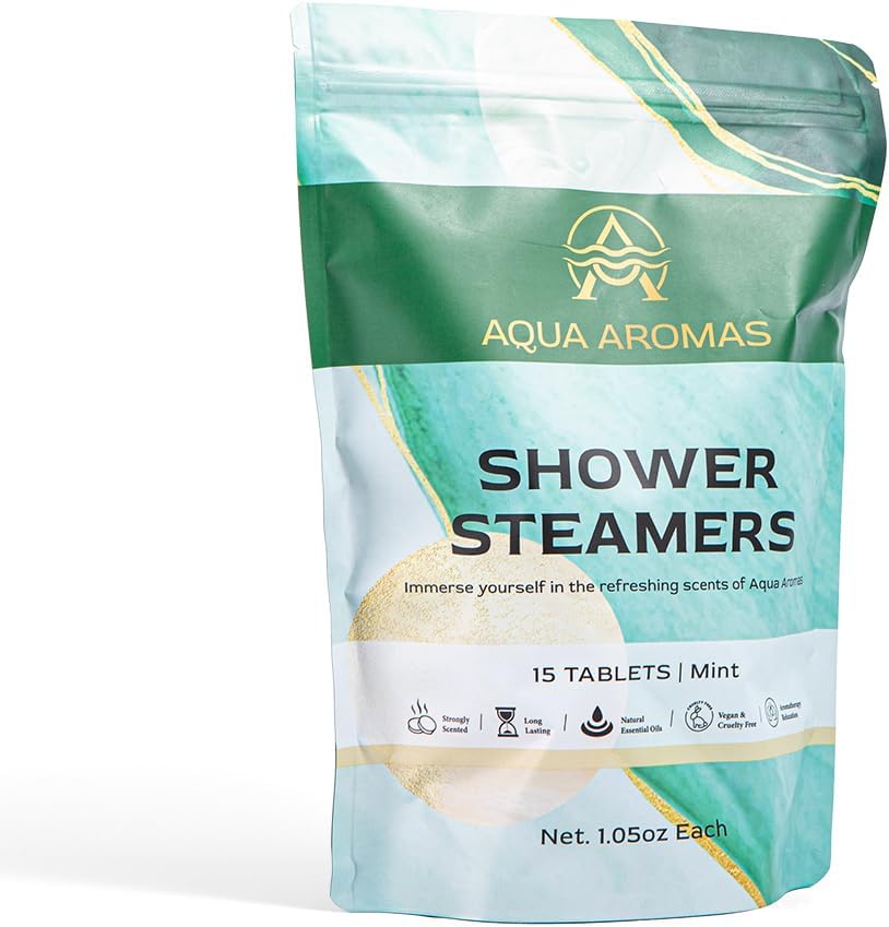 Aqua Aromas Shower Mint Steamers - Aromatherapy Shower Bombs with Mint Essential Oils, 15 Count - for Relaxation, Invigoration, Stress Relief & Wellness - Spa-Like Experience