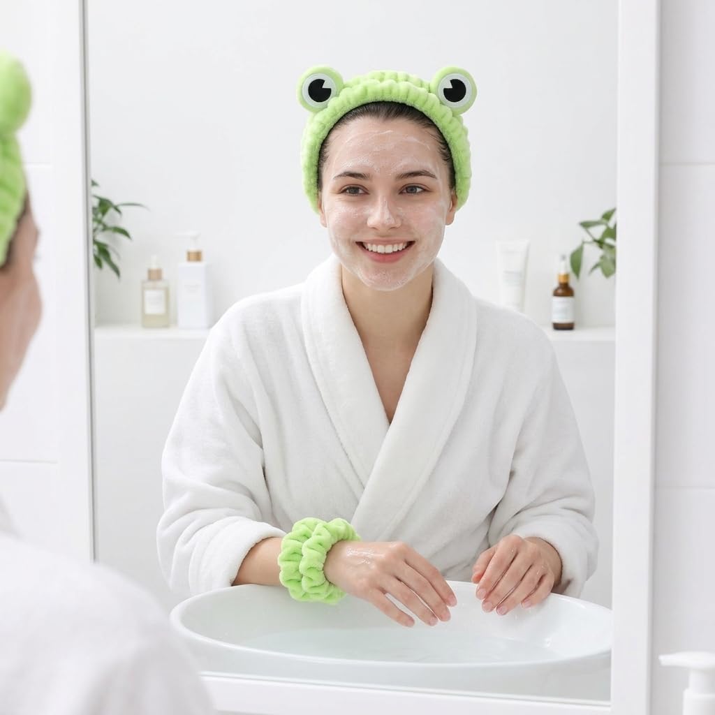 Soft Spa Headband and Wristbands for Face Washing, Cute Frog Makeup Headbands Elastic Skincare Hair Band Shower Head Wraps Hair Accessories for Women Girls
