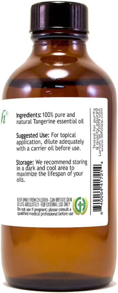 Tangerine Essential Oil – 4 fl oz (118 ml) Amber Glass Bottle w/Cap – 100% Pure Essential Oil – GreenHealth