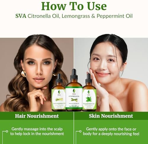 SVA Citronella, Lemongrass, and Peppermint Essential Oil 4 oz Bundle Super Saver Combo – Premium Grade Value Set for Hair Oiling, Scalp Massage, Hair Care, Skin Care and Body Massage
