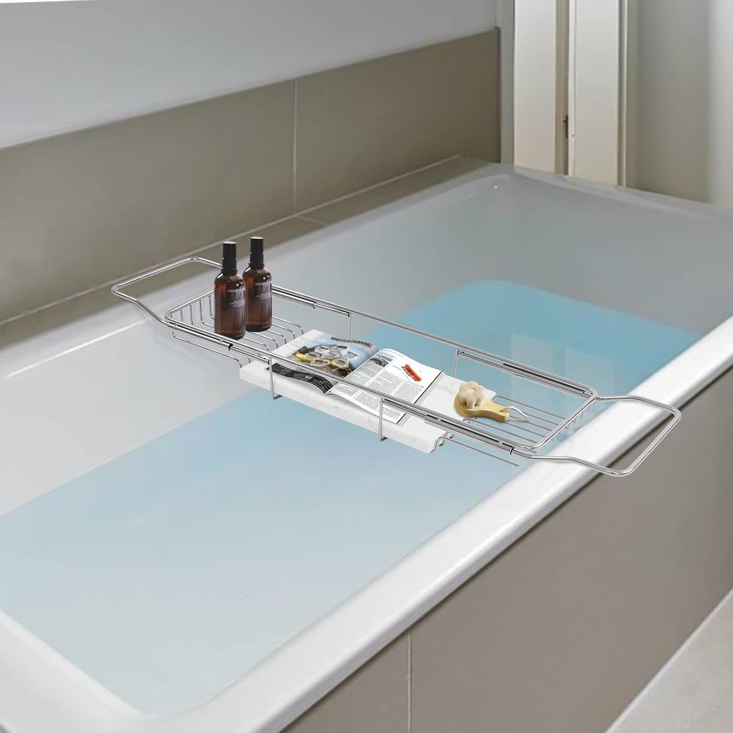 Stainless Steel Bathtub Tray with Removable Marble Board,Extendable Rectangular Bathtub Tray,Adjustable Bath Caddy Board for for Bath Bombs, Spa, Shower (Silver+White)