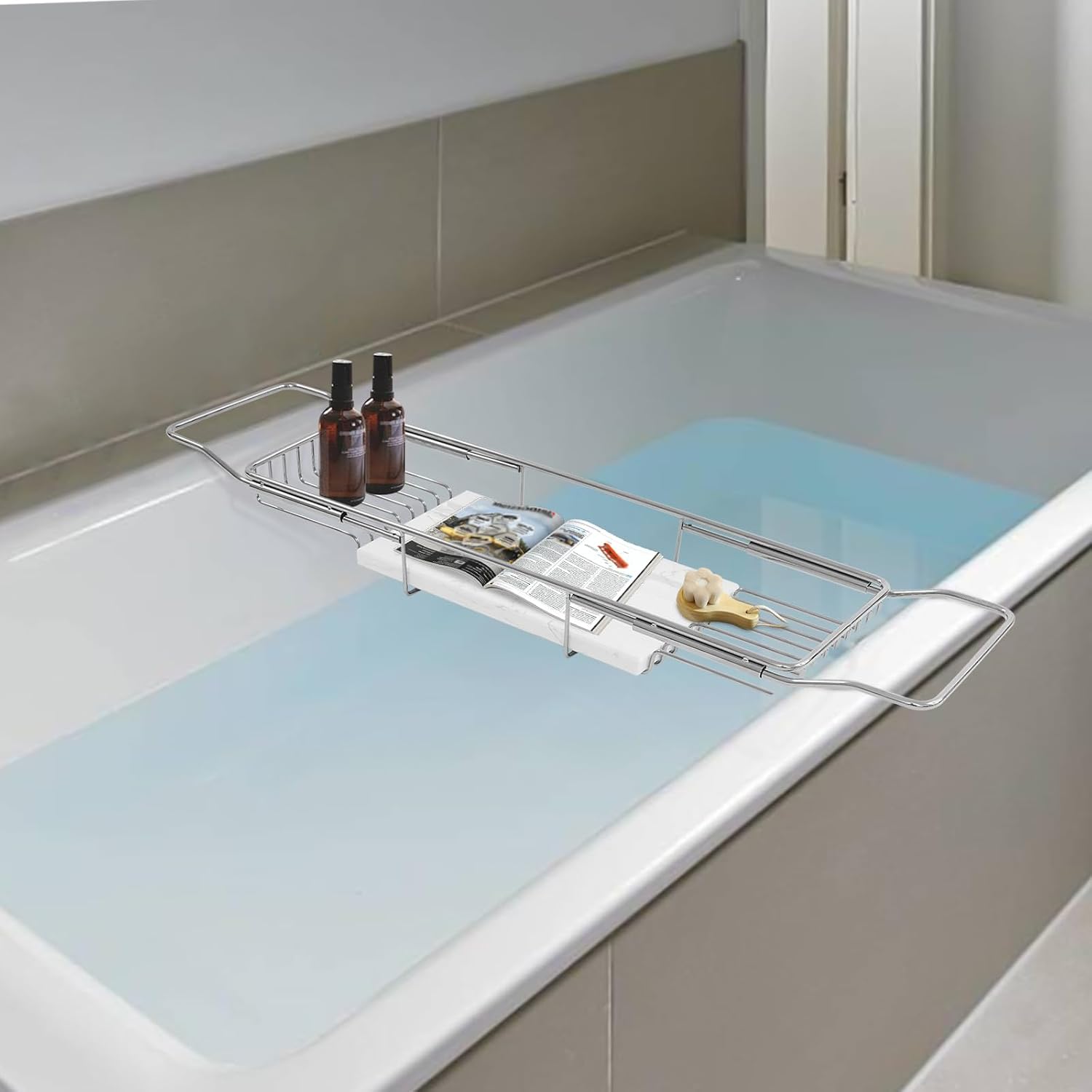 Stainless Steel Bathtub Tray with Removable Marble Board,Extendable Rectangular Bathtub Tray,Adjustable Bath Caddy Board for for Bath Bombs, Spa, Shower (Silver+White)