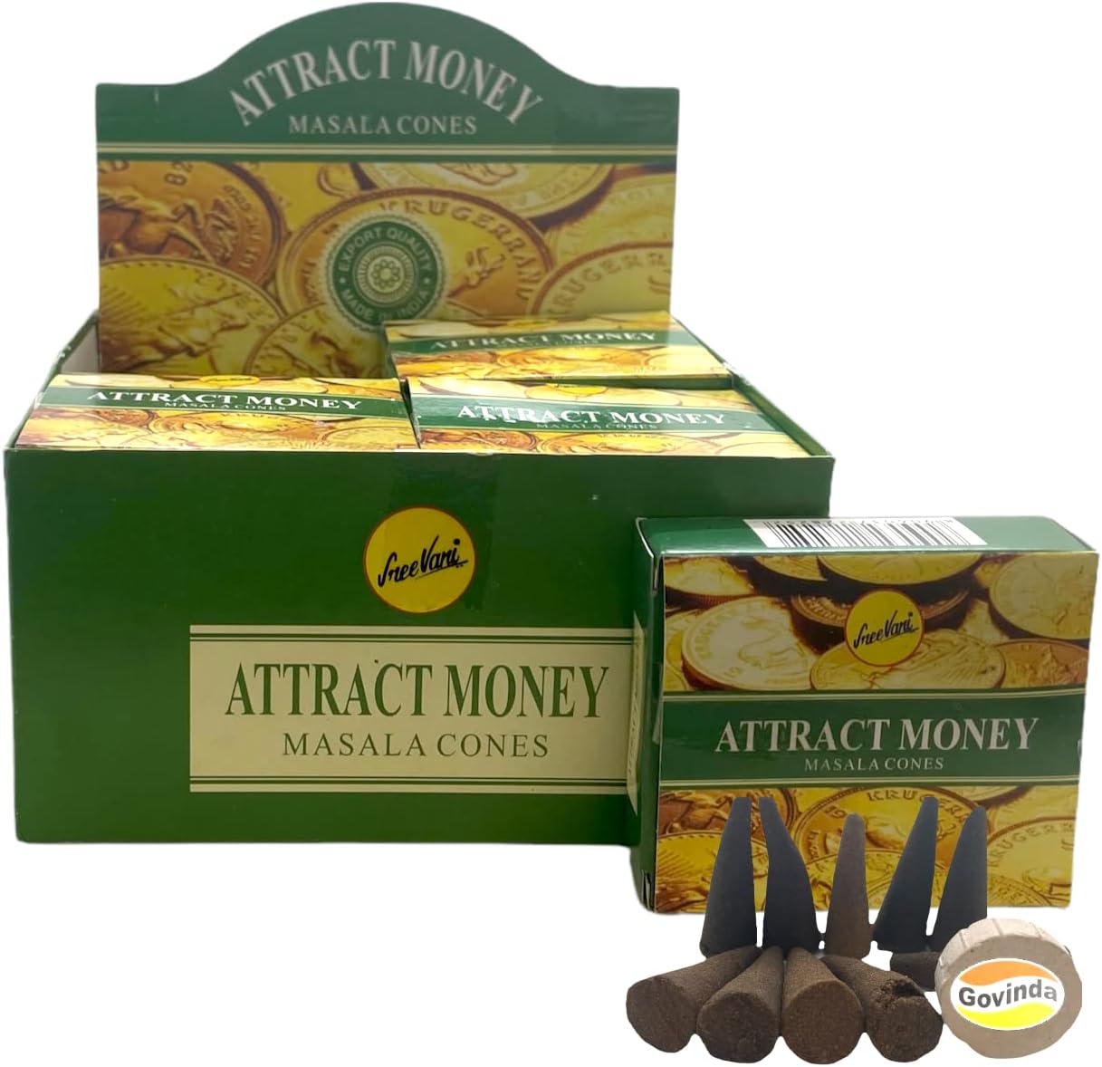 Sreevani Natural Masala Incense Cones and Holder Bundle, 120 Cones Total, Attract Money