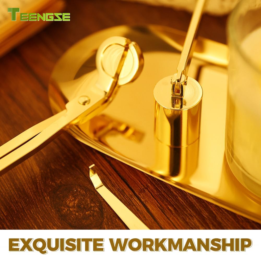 4 in 1 Candle Accessory Set with Storage Tray Plate, Candle Wick Trimmer, Candle Wick Snuffer, Candle Wick Dipper (Gold)