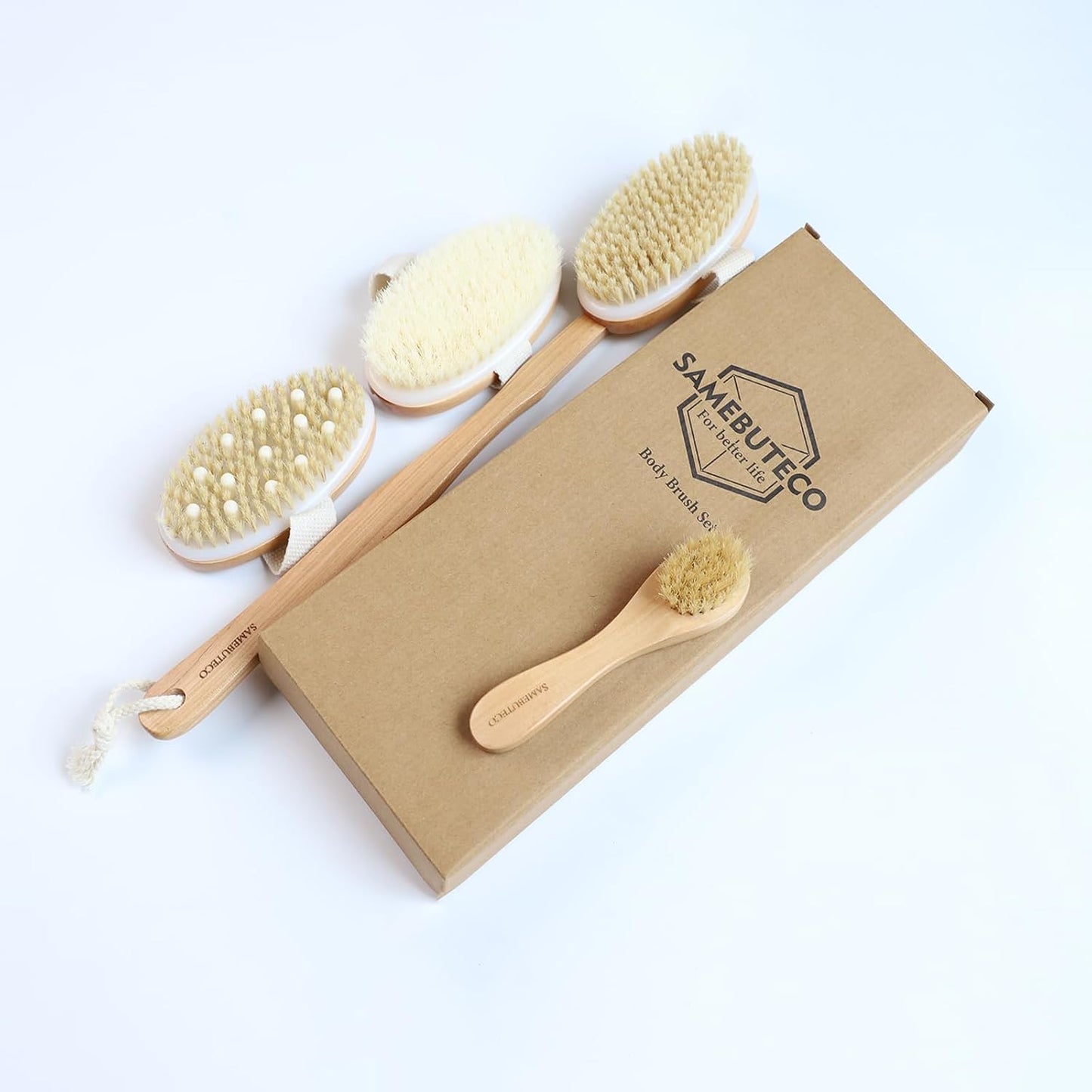 SAMEBUTECO Dry Brushing Body Brush Set with Slide-in Long Handle, 4-in-1 Wooden Bath Scrubber with Face Brush & 3 Interchangeable Heads (Boar Bristle, Soft Washer, Nodal Massager) for Exfoliating