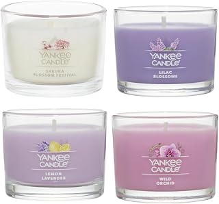 Yankee Candle Signature Votive Mini Candle Jars Blossoming Florals Variety Pack, 1 Lemon Lavender, 1 Wild Orchid, 1 Sakura Bloom Festival, 1 Lilac Blossoms Variety Pack