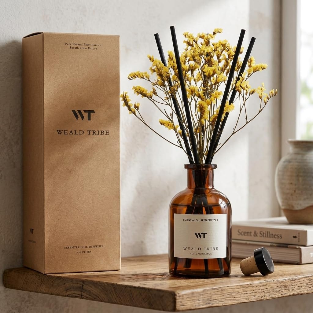 WEALD TRIBE Reed Diffuser Set for Bathroom Air Fresheners, Oil Diffuser Sticks with Flower | Lemongrass Scent 4.0 fl oz Home Fragrance with Sticks Defusers | House Bedroom Office Shelf Decor