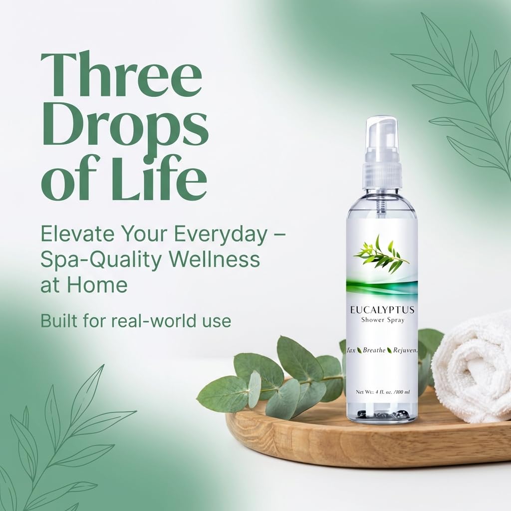 Three Drops of Life Eucalyptus Shower Spray, Premium Essential Oil Mist, Spa Quality for Strong Refreshing Scent, Home, Office and Bath (Eucalyptus Spray for Shower, 4oz)