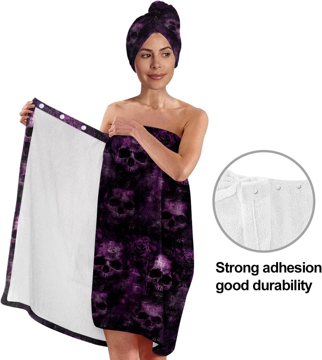 Gothic Skull Print Bath Wrap Set with Hair Turban, Purple and Black, Women's Spa Towel Wrap